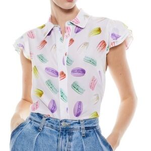 Alice + Olivia Eli Flutter Macaroon Sunday Silk Blouse Size Small